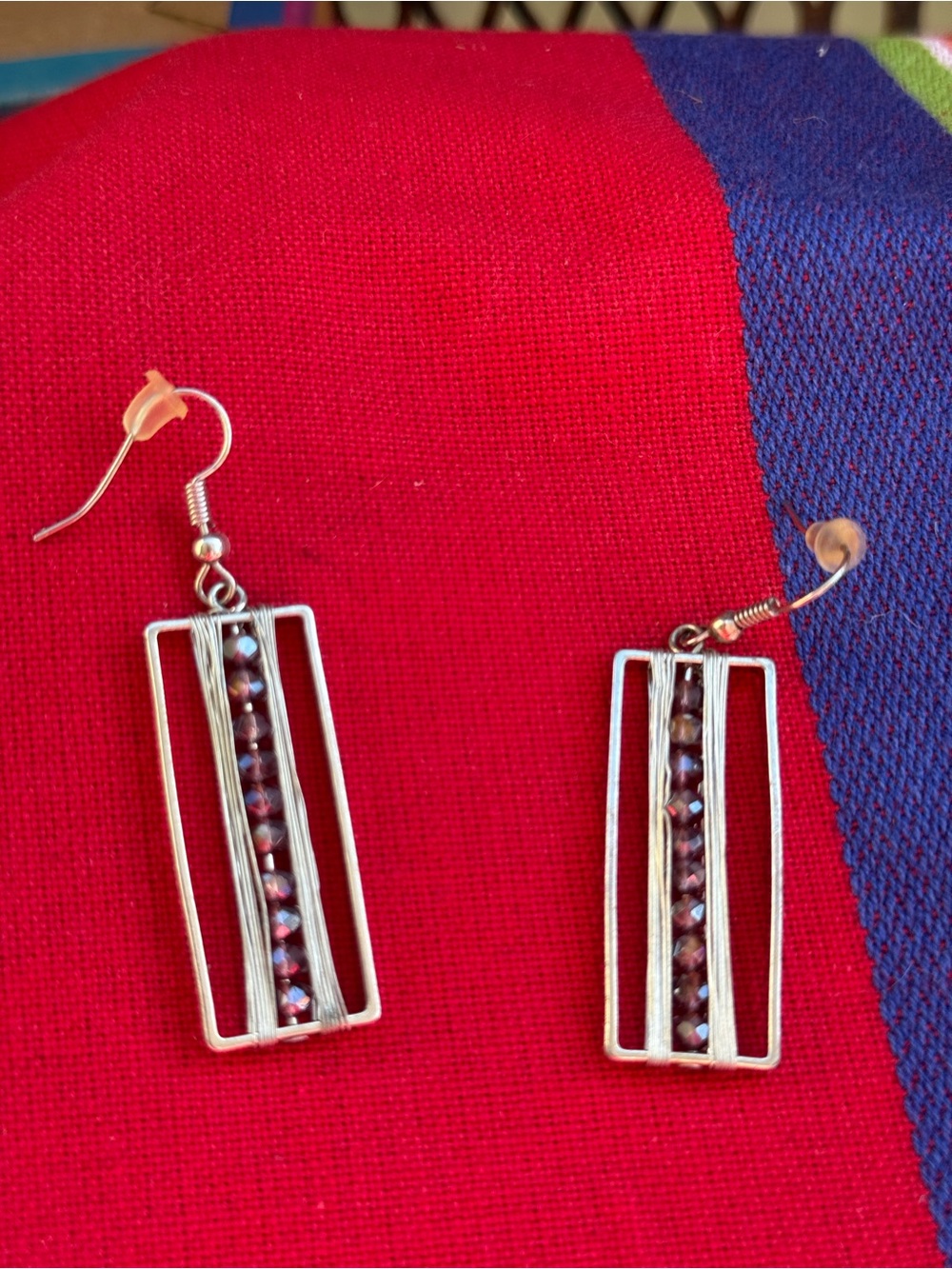 Source Unknown Silver-Tone Rectangular Drop Earrings with Deep Red Beads